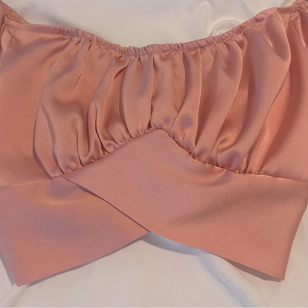 Women Ruffle Off Shoulder Crop Top Satin Strapless Short Sleeve Self Tie Blouse - Picture 2 of 7